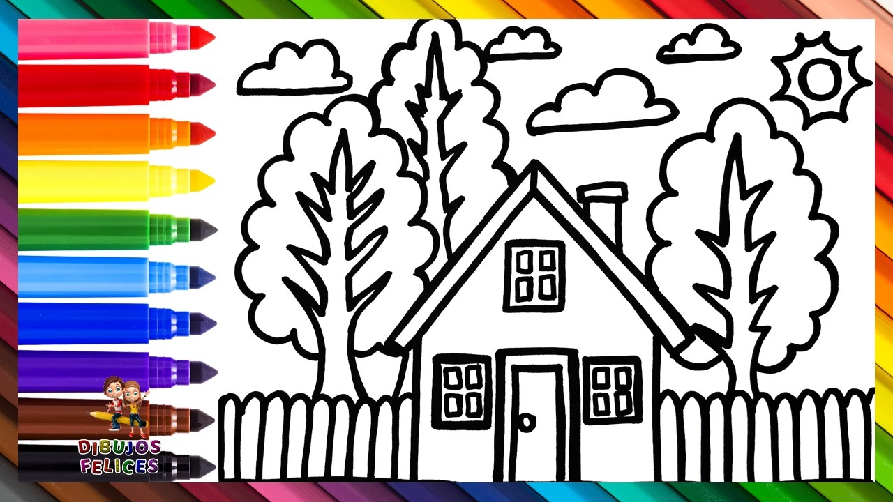 Dibuja y Colorea Una Casa Con Jardín 🏠🌳☀️☁️🌈 Dibujos Para Niños