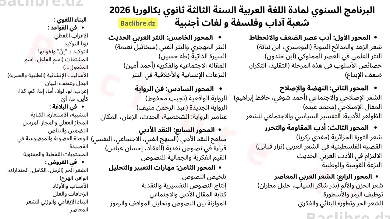 البرنامج السنوي لمادة اللغة العربية السنة الثالثة ثانوي بكالوريا 2026شعبة آداب وفلسفة و لغات أجنبية
