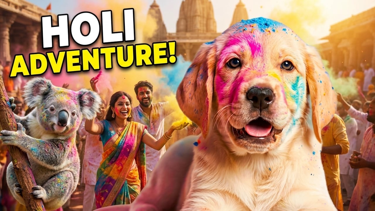 ✨🐶🐨 Puppy and Koala Witnessing Holi in Vrindavan 🌈 | Ancient Rituals & Explosive Holi Colours! 🇮🇳