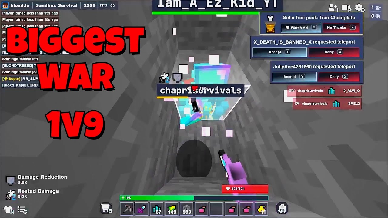 Bloxd.io Survival Biggest War in lobby 2222 Me vs lobby 2222 ( 1v9 ) +25+ kill