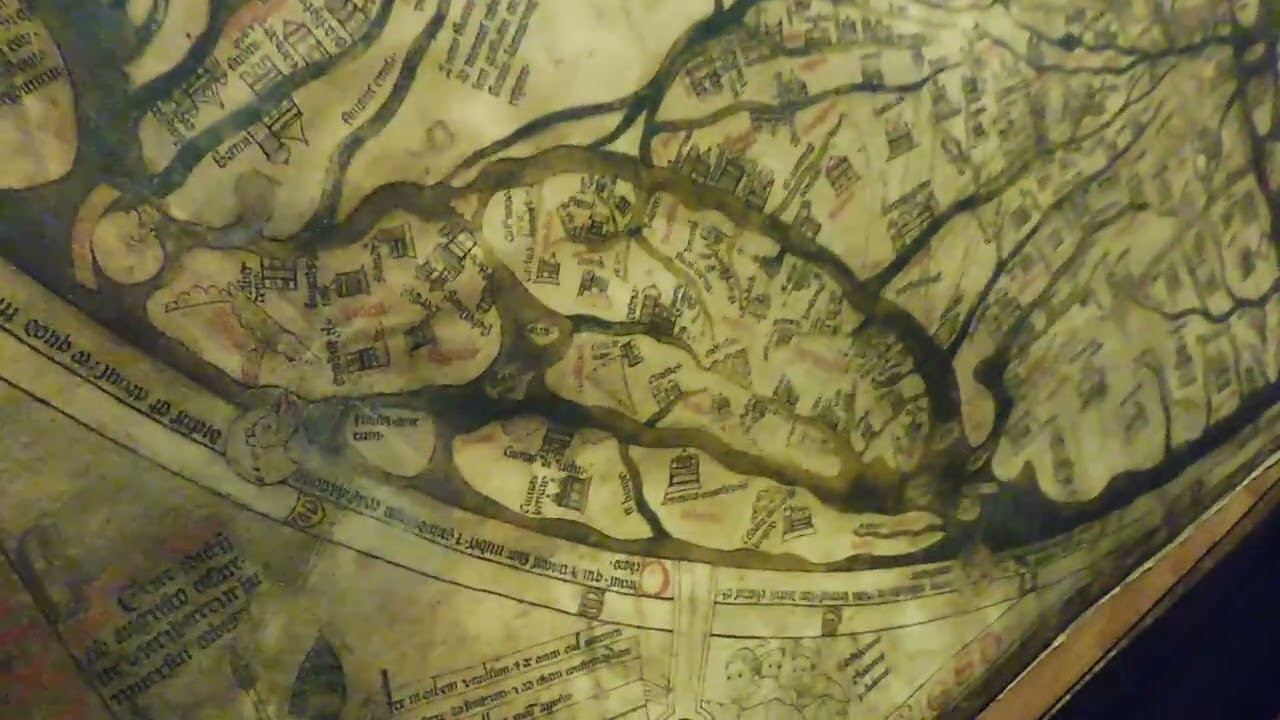 The famous medieval (c1285) Mappa Mundi world map Hereford Cathedral Herefordshire England 20.2.26