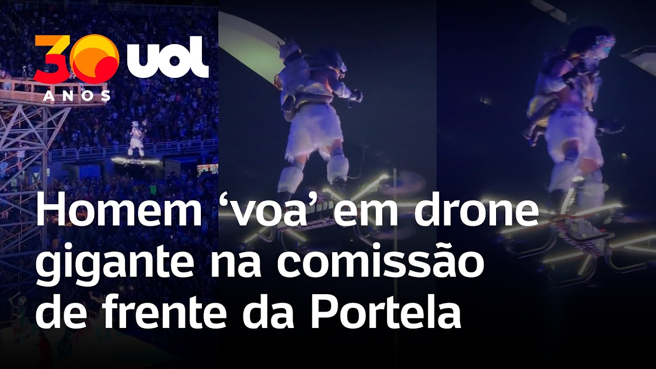 Homem &lsquo;voa&rsquo; em drone gigante na comiss&atilde;o de frente da Portela durante os desfiles na Sapuca&iacute;; v&iacute;deo