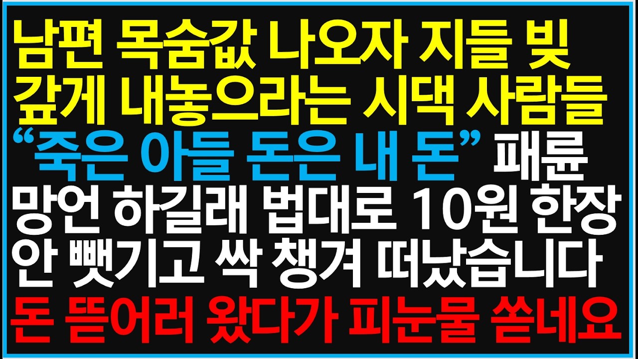 남편 목숨값 나오자마자 지들 빚 갚게 내놓으라는 시댁 사람들 .'죽은 아들 돈은 내 돈'이라며 망언 하길래 눈물나게 밟아줬습니다