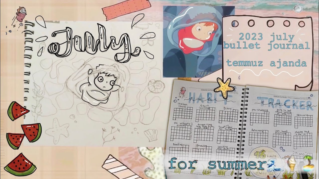 yazı verimli ge&ccedil;irmek i&ccedil;in temmuz bullet journal 📔 ✨🏝🌊