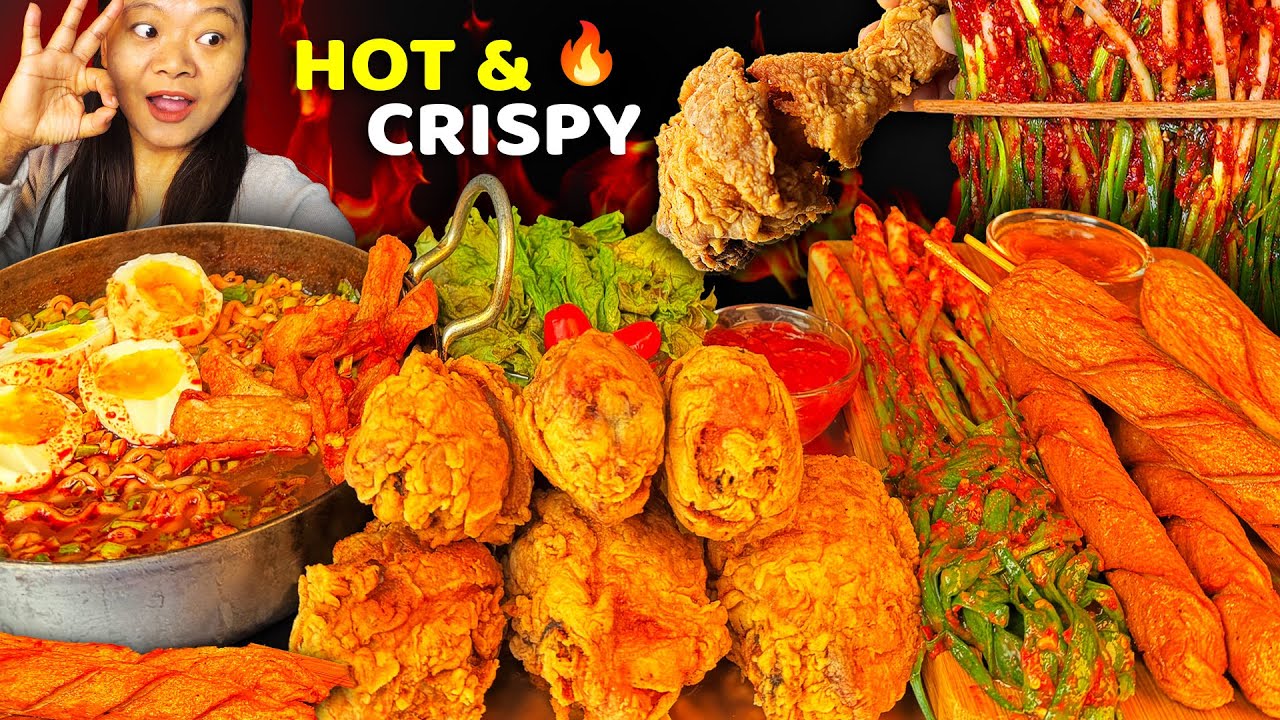 Eating Super Crispy Fried Chicken | Spicy Ramen, Big Sausages & Kimchi | Eating Show🔥 Nepali Mukbang