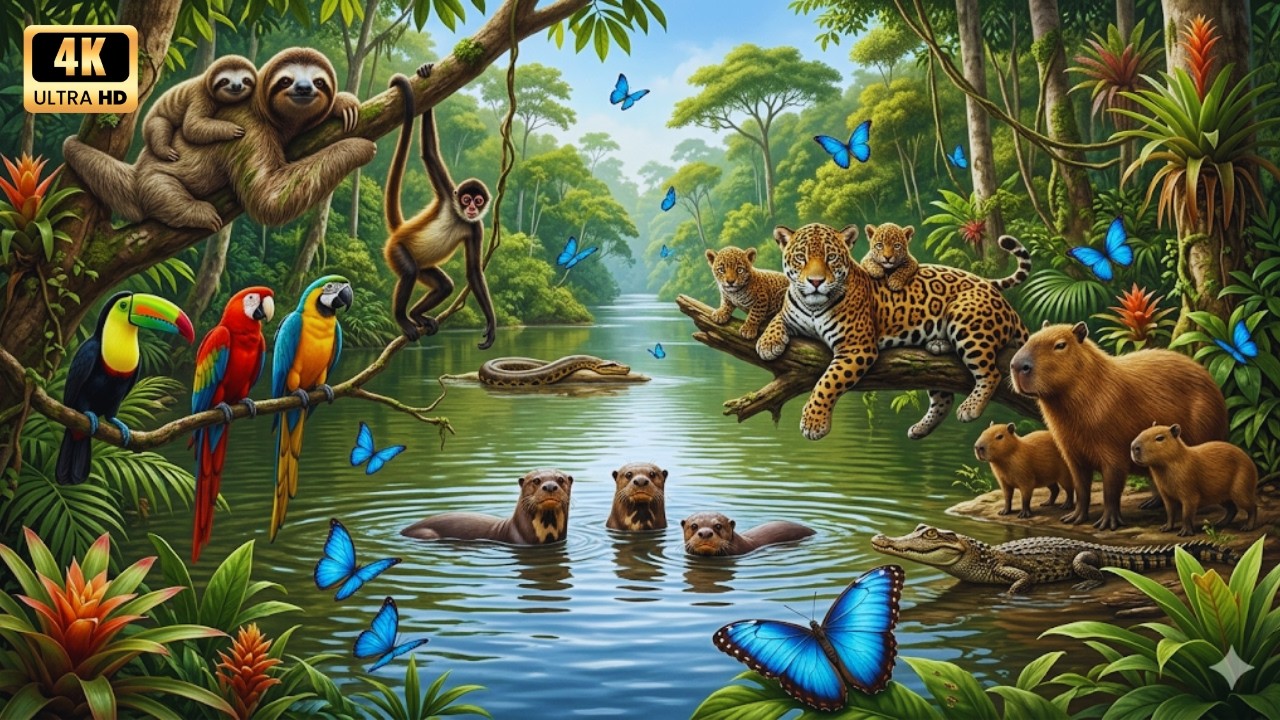 Расслабляющая прогулка по Амазонке 4K: Объятия ленивцев, Речные выдры и Семья ягуаров (Ultra HD)