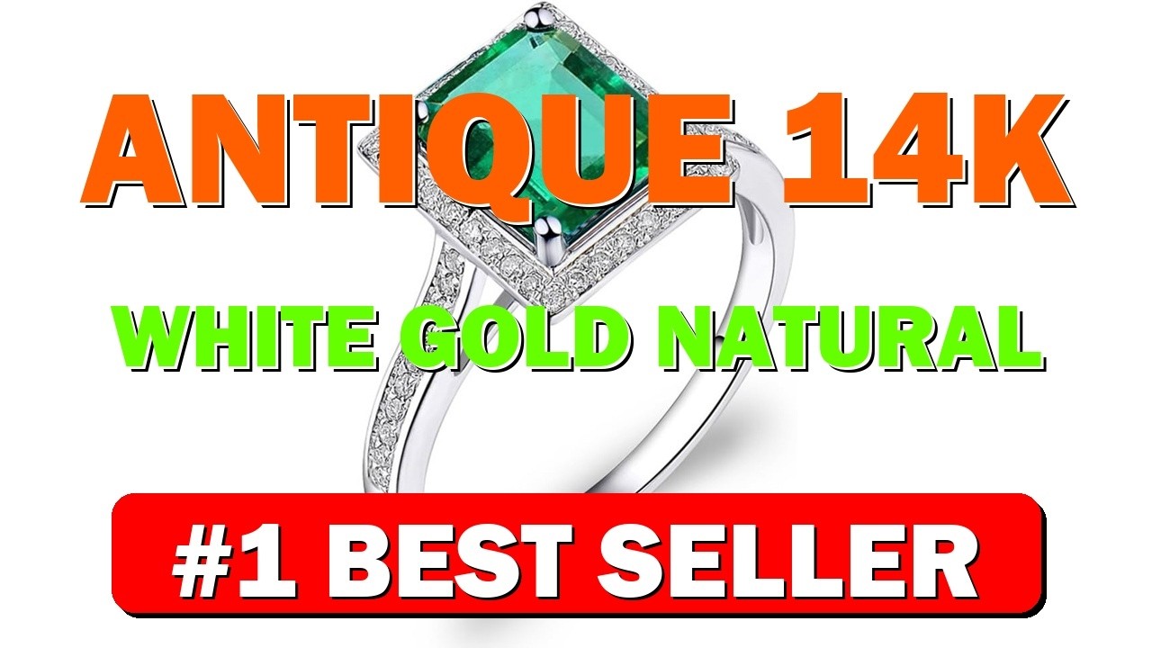 Antique 14K White Gold Natural Green Emerald Rings Brilliant Diamond Engagement Wedding - B013B3S6WG