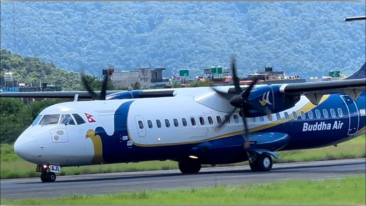 Buddha Air ATR-72 take off from Pokhara Airport, Nepal.
