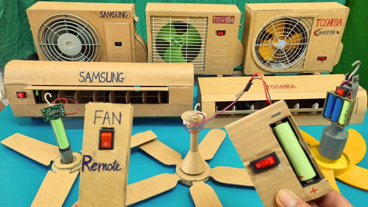 Collection of cardboard air conditioners and ceiling fans running like real