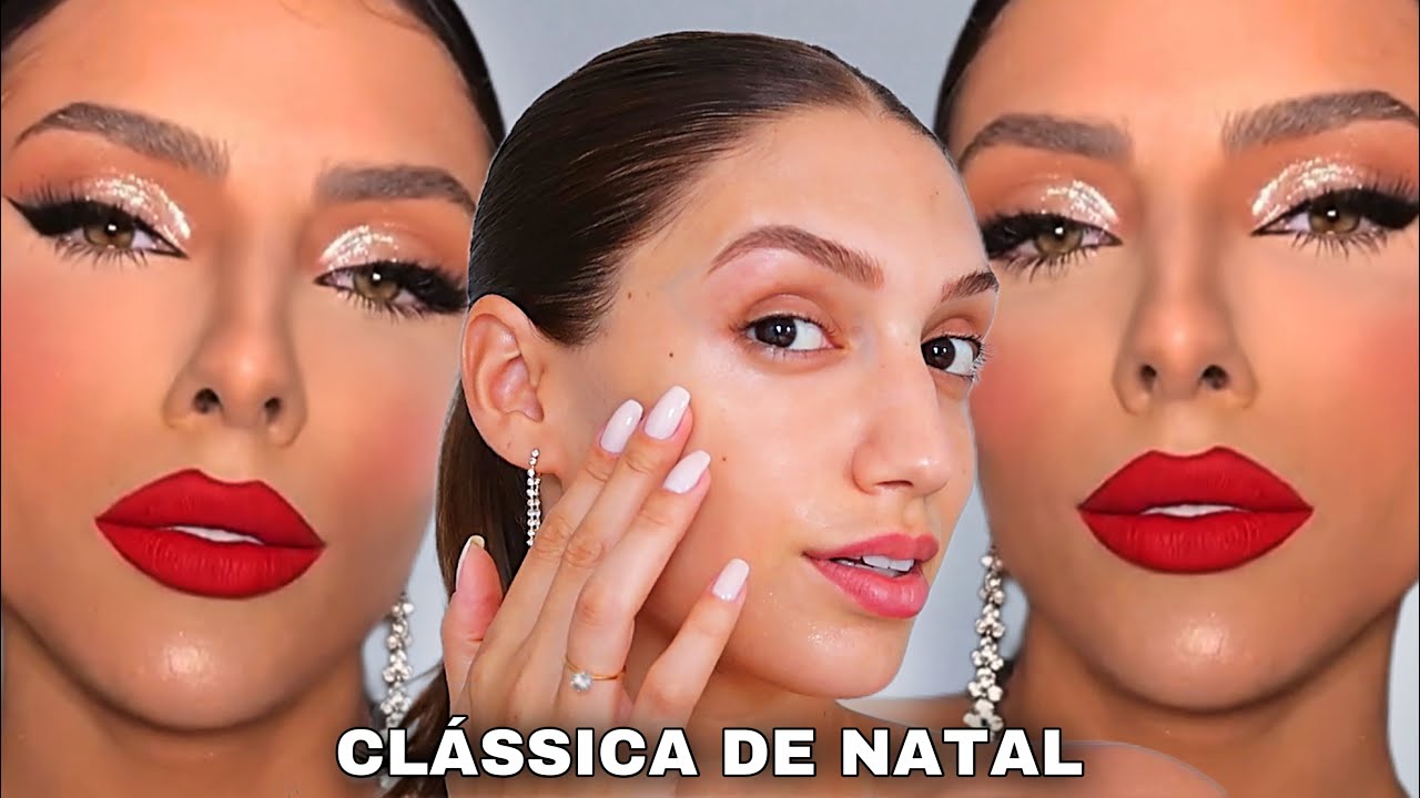 MAKE CLÁSSICA DE NATAL *MAQUIAGEM COM BATOM VERMELHO E BRILHO*