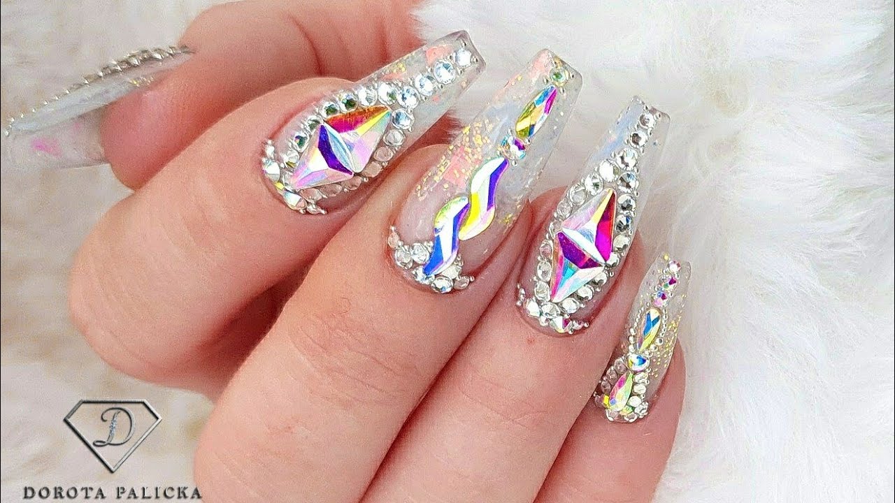 Watch me create crystal gel nails. Mylar ice nails with crystals