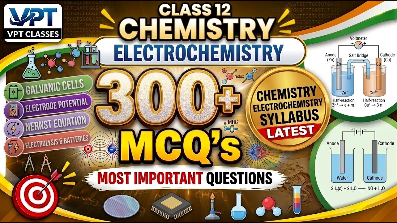 Class12 Chemistry Electrochemistry|300+Most Important MCQs|NernstEquation,GalvanicCells&Electrolysis