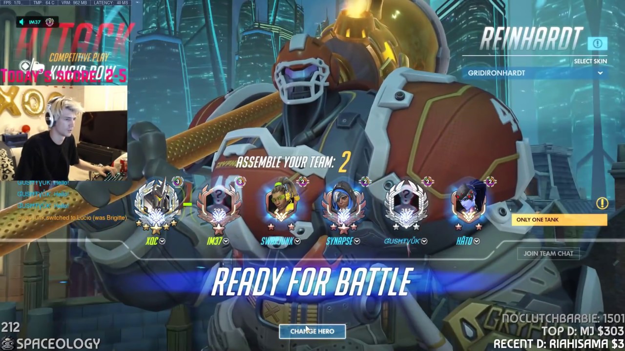 Overwatch XQC Intense Reinhardt Gameplay With 39 Elims