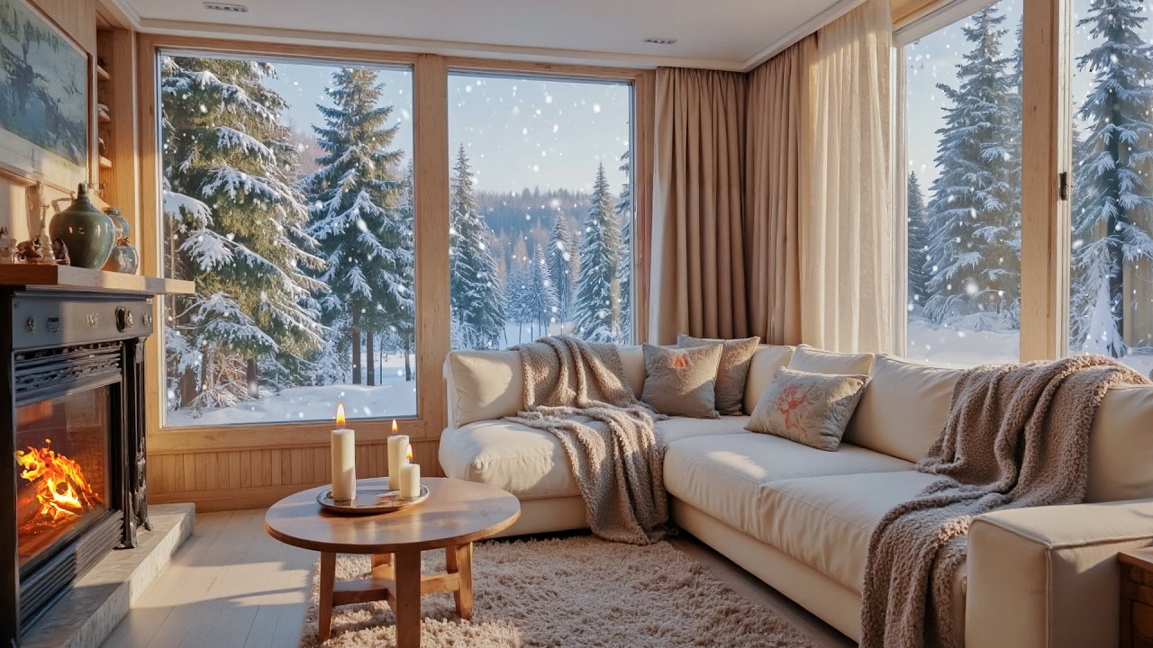 Peaceful Winter Lake Cabin Night with Soft Piano Music | Warm Crackling Fireplace, Deep Relaxation