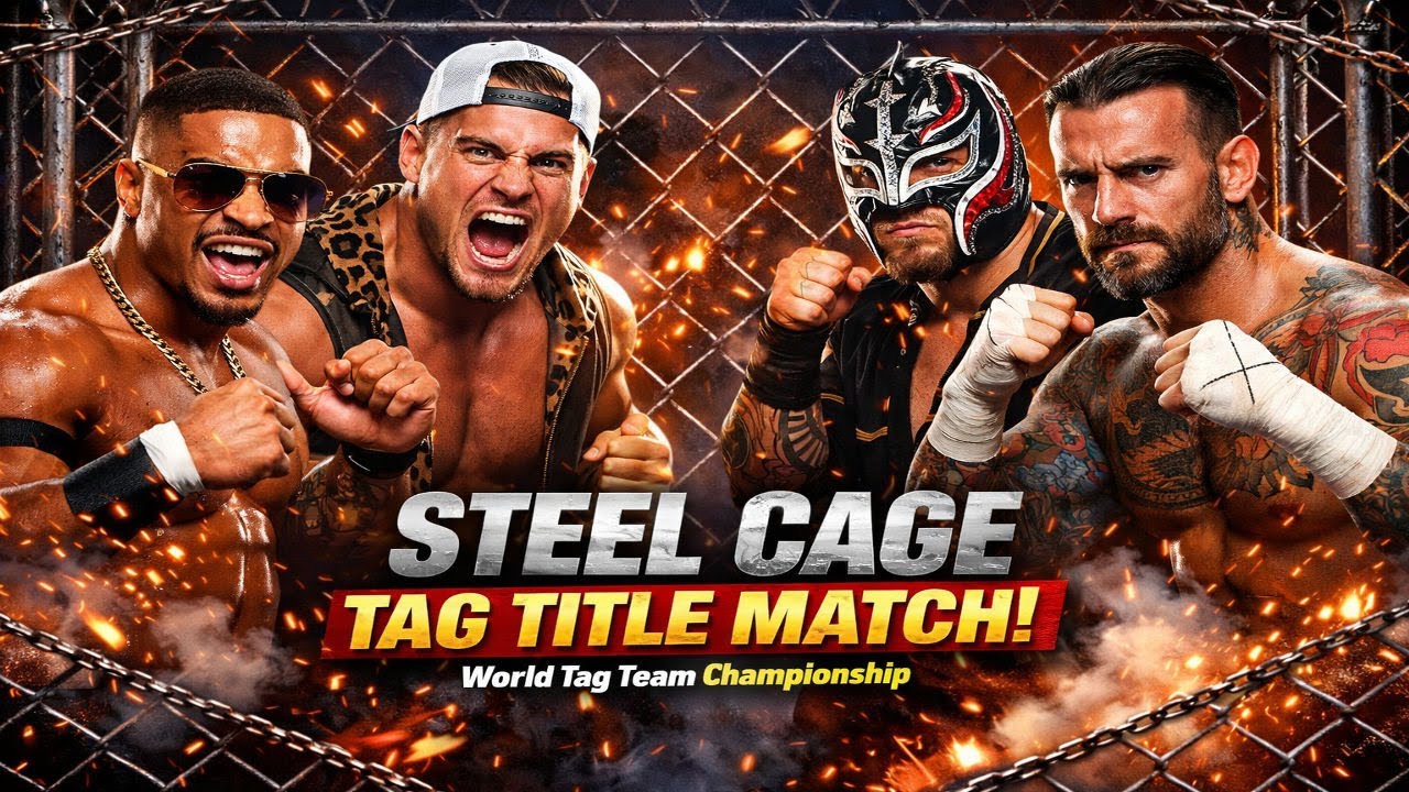 Carmelo Hayes & Grayson Waller vs Rey Mysterio & CM Punk | World Tag Team Championship | Steel Cage