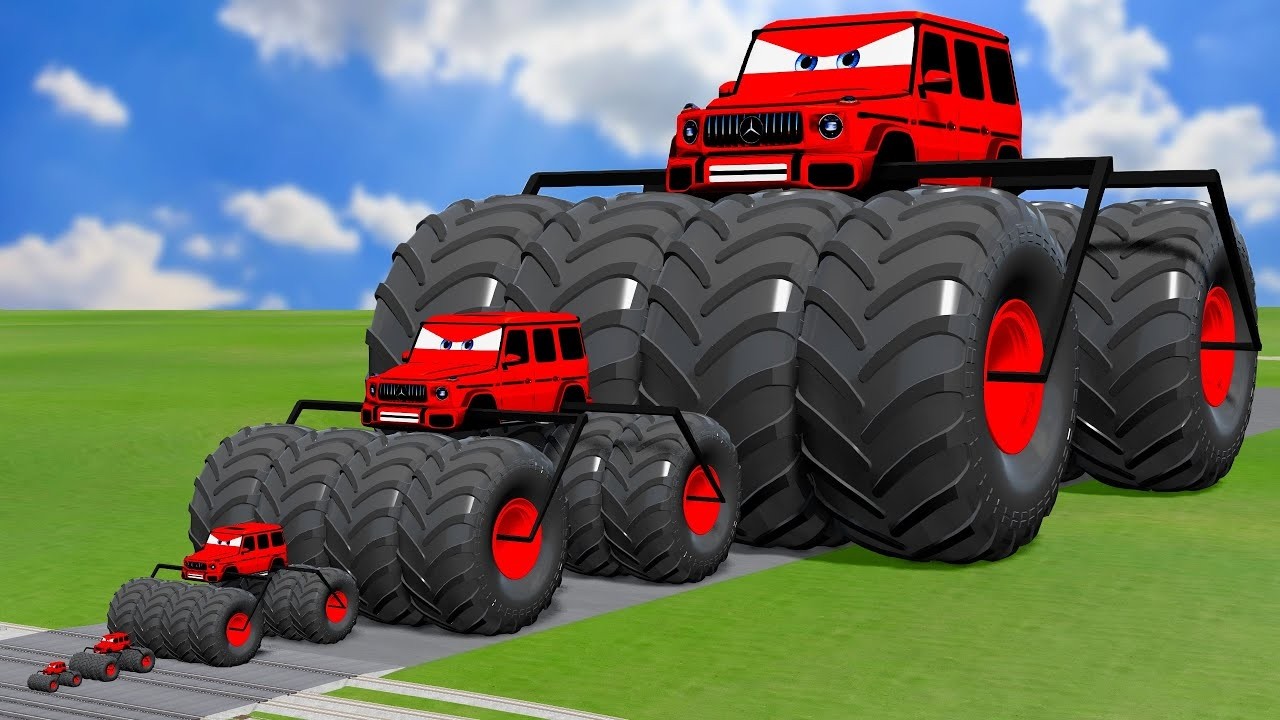 Big & Small Red Vizor Moto Double Monster Wheels VS Train | BeamNG.drive