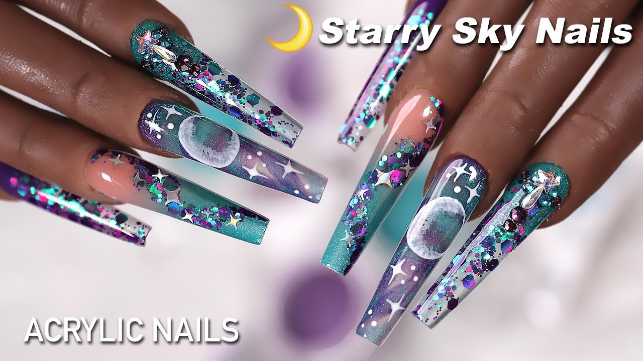 🌙Starry Sky Galaxy Nail Extensions | Long Nail Coffin Shape Nails | Glitter Planet
