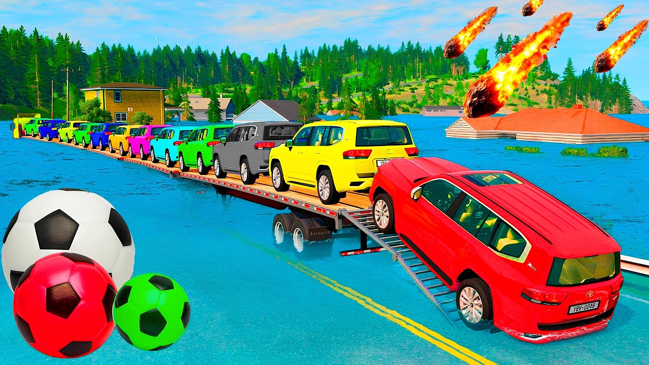 TRANSPORTING PIXAR CARS & FRUITS WITH COLORED & JOHN DEERE vs CLAAS vs TRACTORS - BeamNG.drive #983