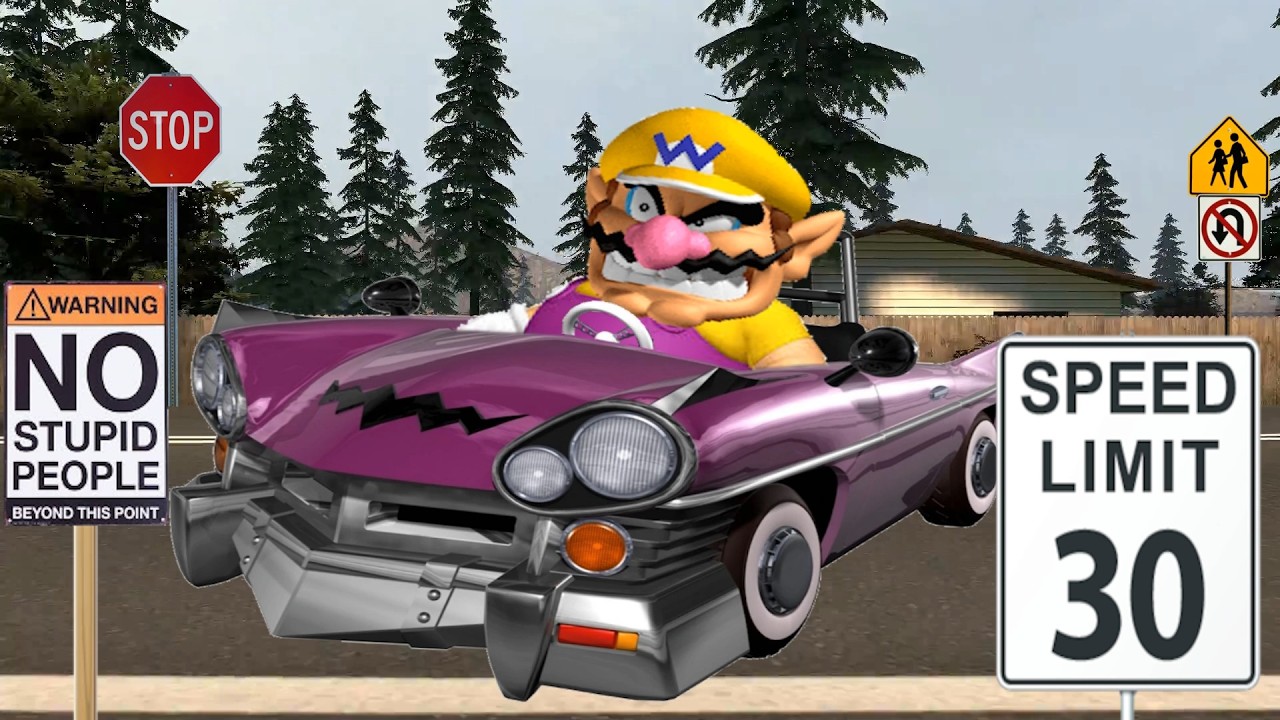 Wario dies in a car crash after watching himself die in a car crash in a Wario dies video (request)