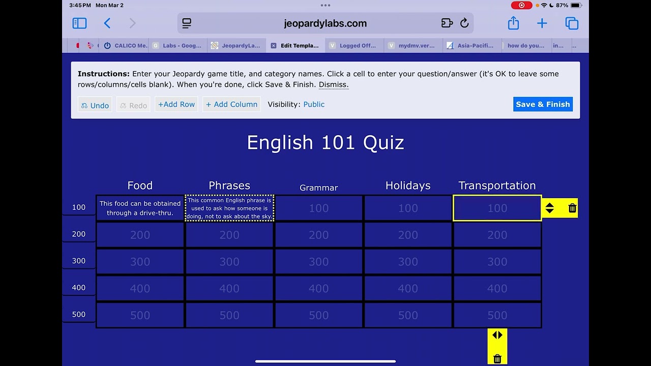 How to create a quiz on Jeopardylabs.com