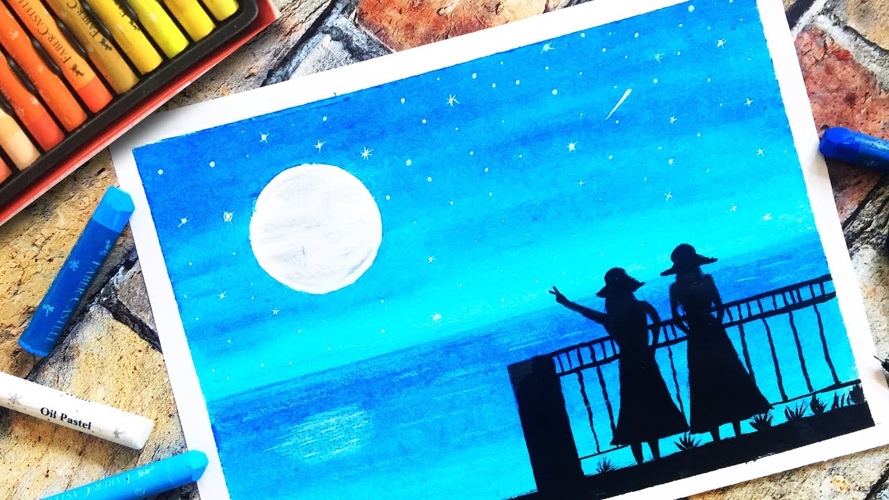 Friendship Day drawing | BFF Drawing | How to Draw Scenery of Moonlight with Oil Pastel step by step