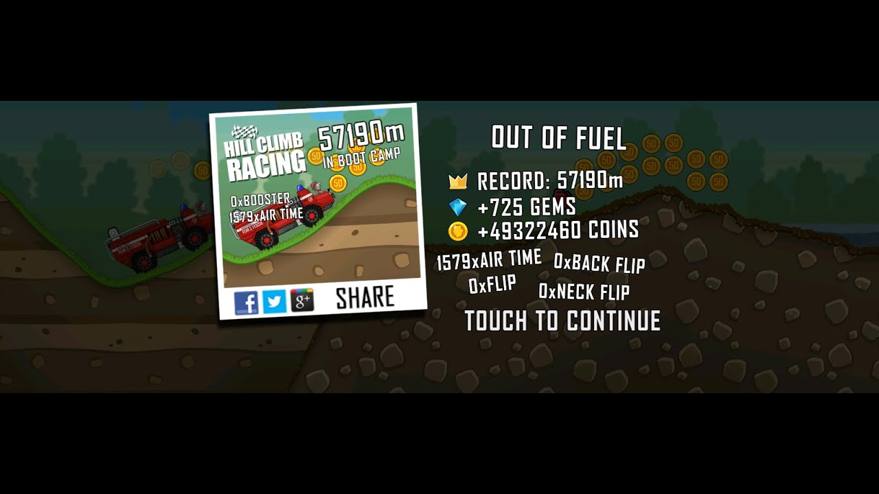 Hill Climb Racing 1.36.0 (~400 fps): Fire Truck + Boot Camp 57190m (full run)