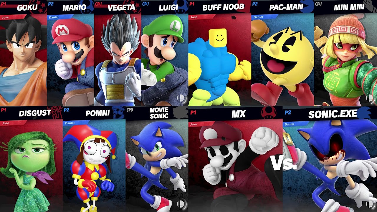 Movie Sonic vs Pomni vs Disgust | Mario and Luigi vs Goku and Vegeta | Super Smash Bros Ultimate