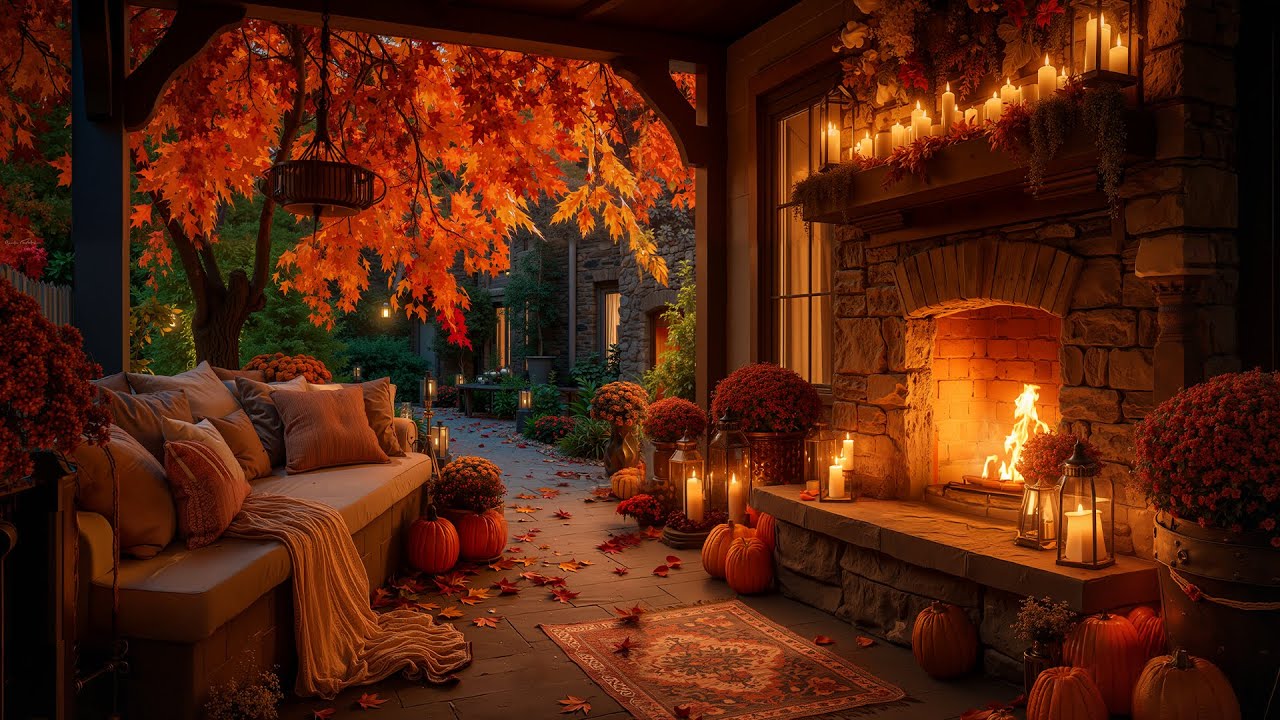 October Autumn Fireplace 🍂 Warm Fireplace space with Rain Sounds for Heal Stress & Anxiety