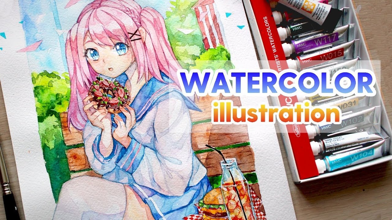 Watercolor Painting Timelapse Manga girl YUMMY #1