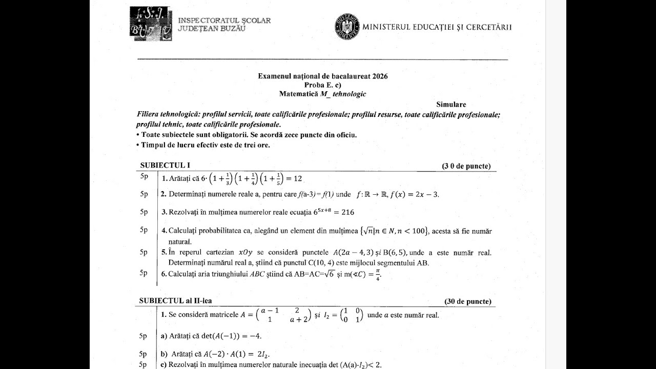 Simulare BAC matematică ISJ Buzău profil tehnologic noiembrie 2026