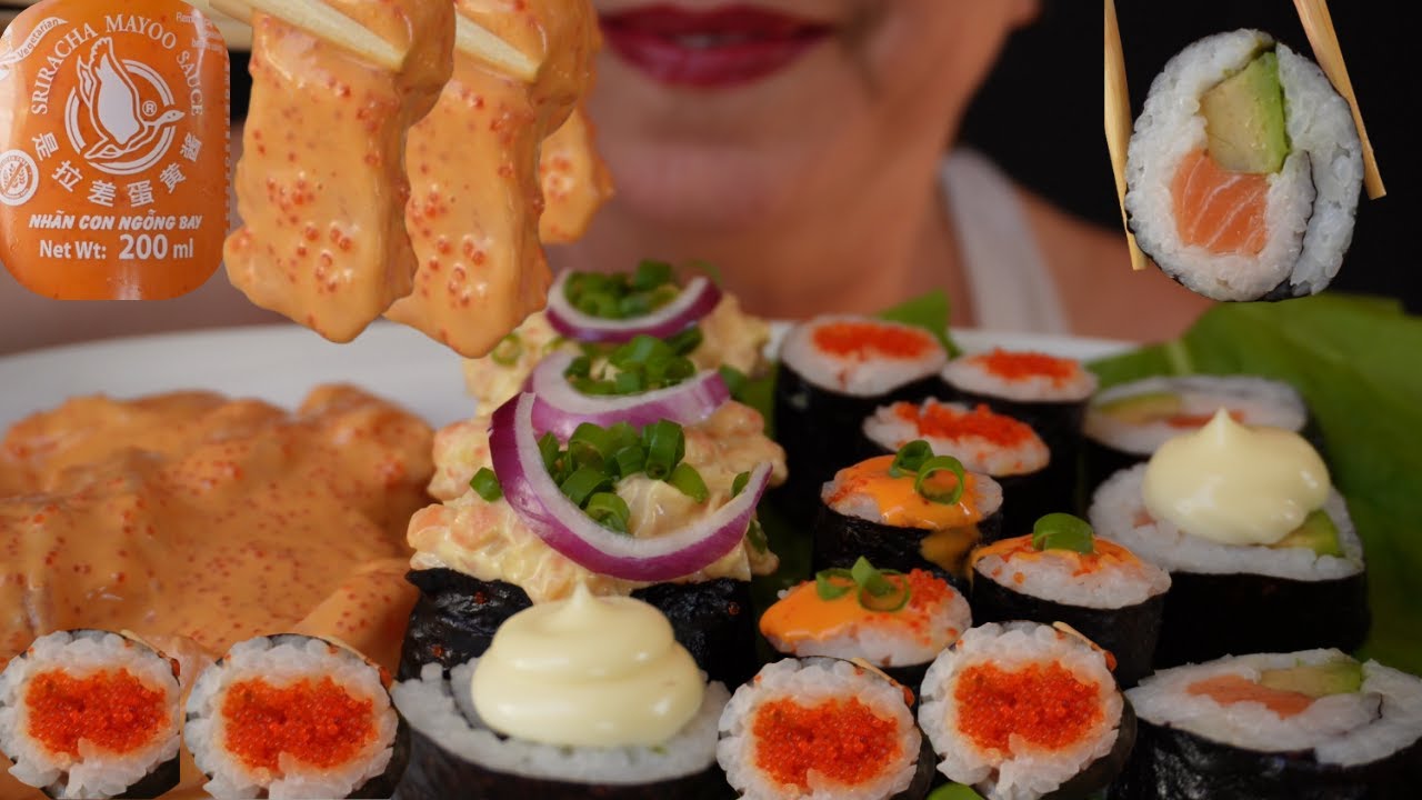 ASMR EATING SALMON SASHIMI/SUSHI WITH SPICY SRIRACHA MAYO | TOBIKKO EGGS (EATING SOUNDS)