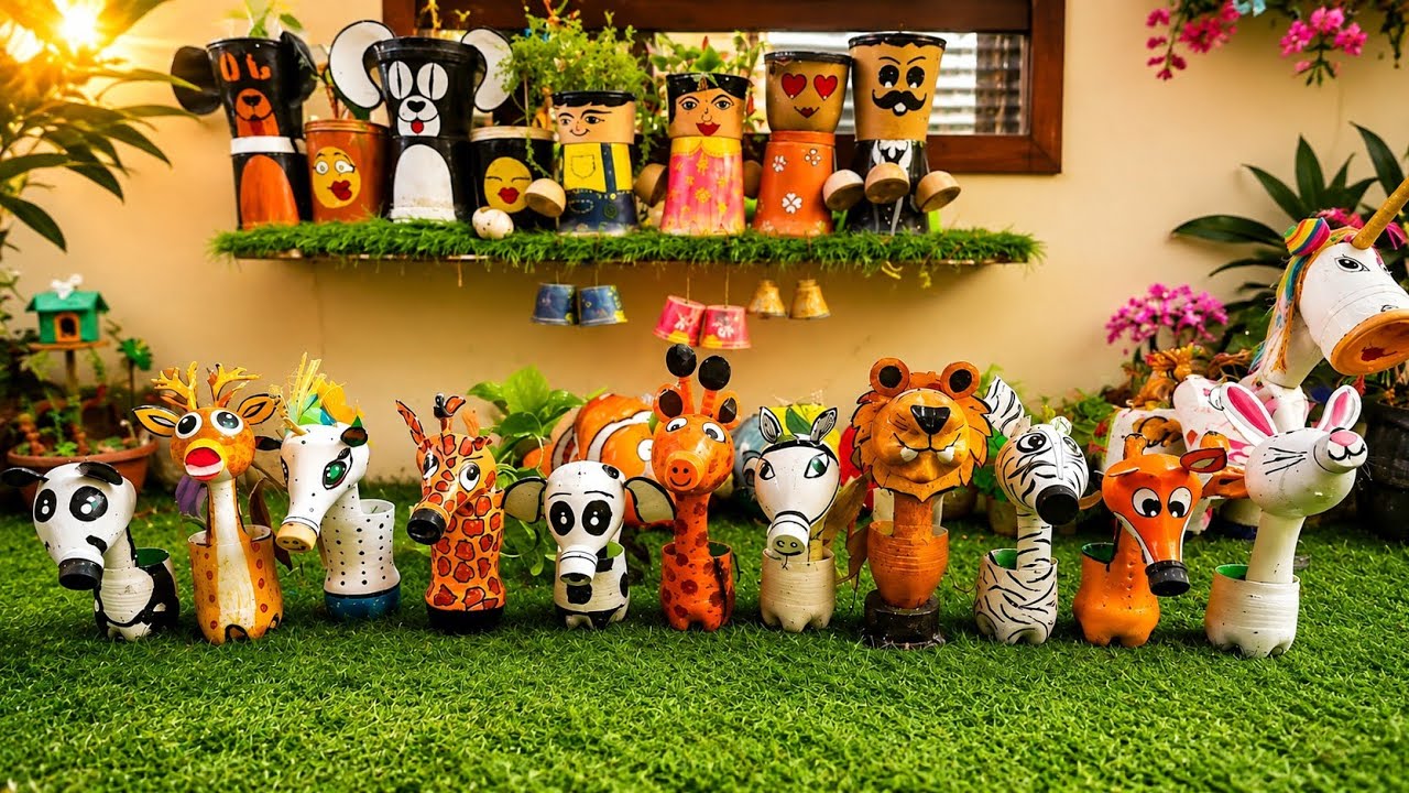 DIY Animal Planter From Plastic Bottles | Viral Colourful Shaking Animals Craft idea | lion planter