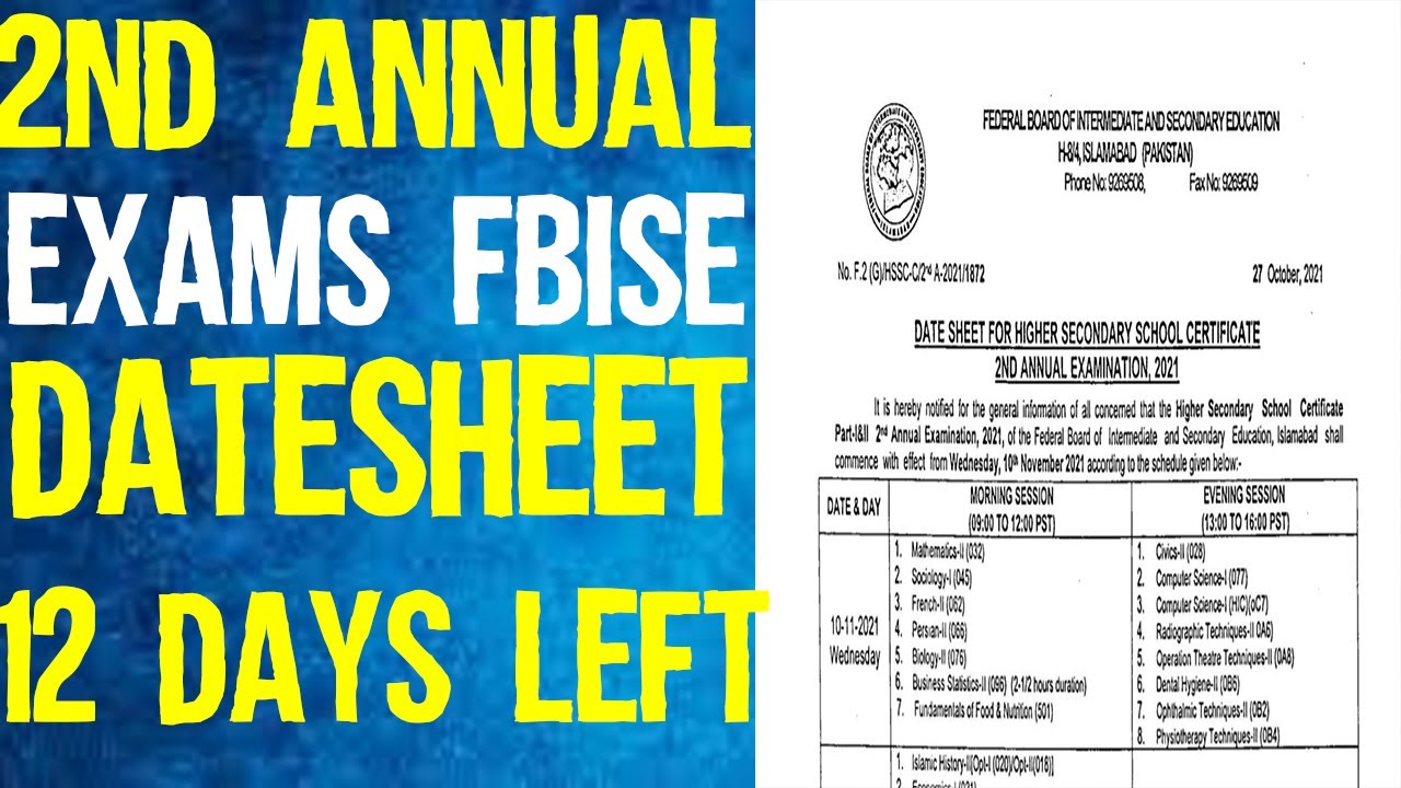 Date-Sheet For 2nd Annual Examination 2021 | Special Exams | FBISE