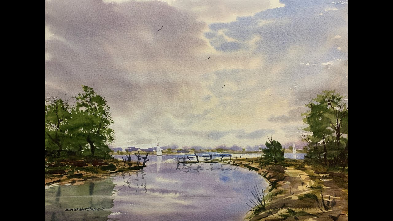 Loose Hake Brush Watercolour / How to paint sky, clouds, water, trees, boats