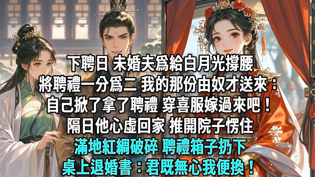 下聘日，未婚夫為給白月光撐腰，將聘禮一分為二，我的由奴才送來：自己掀了拿了聘禮，穿喜服嫁過來吧。隔日他心虛回家，推開院子愣住，滿地紅綢破碎，聘禮箱子扔下，桌上退婚書：君既無心我便換！