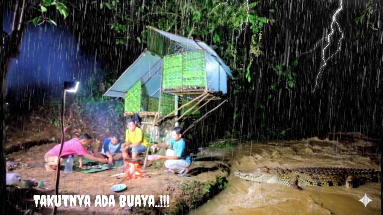 Diguyur hujan deras angin kencang bermalam di pinggir sungai fishing & camping, relaxing rain sound