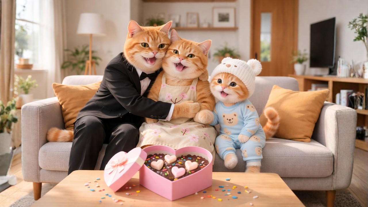 “Mama Cat & Baby Ginger Secretly Make Valentine’s Chocolate to Surprise Papa Cat 💝🍫🐾”