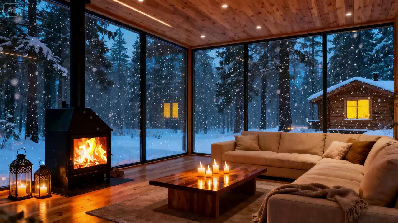 Fireplace Glow on a Quiet Winter Cabin Night  Soft Snowfall Ambience for Sleep & Calm