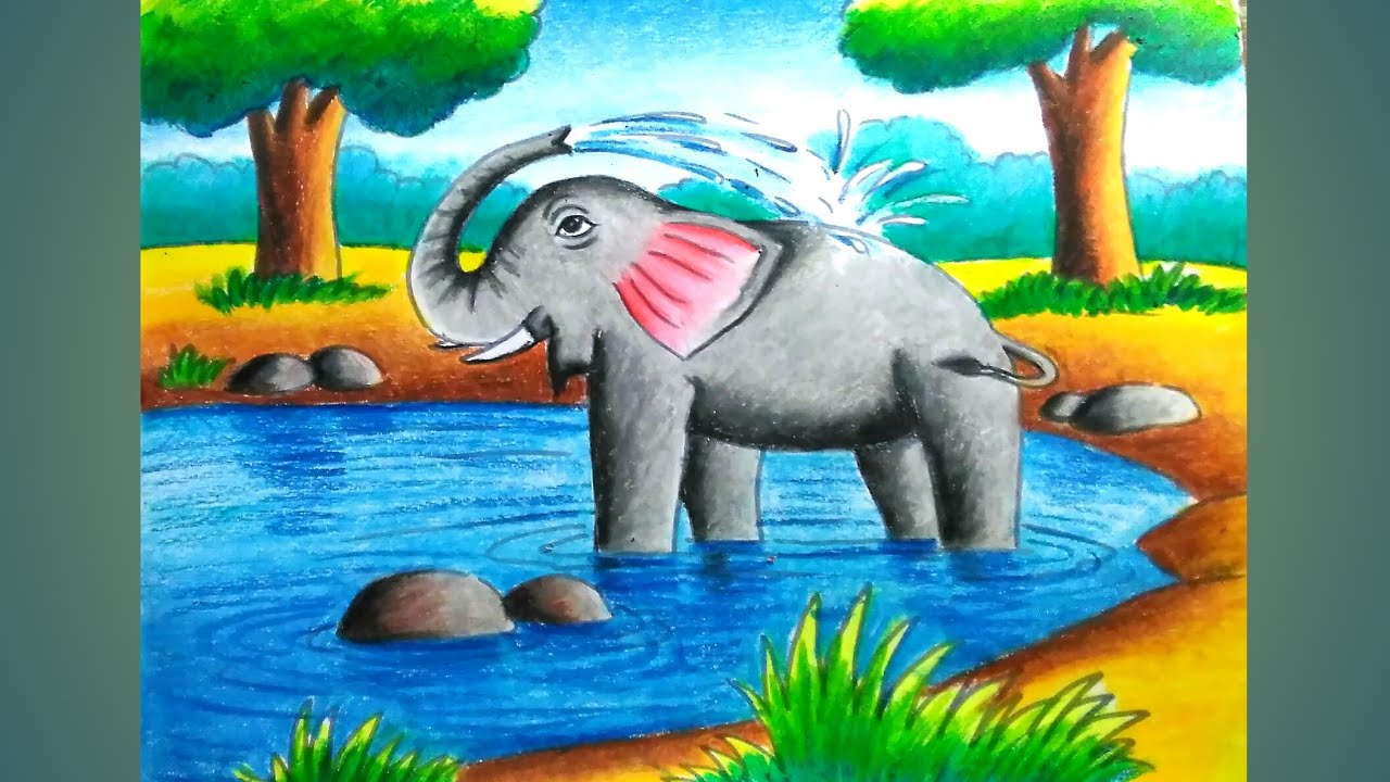 How to Draw a Elephant Scenery|Elephant Drawing Scenery colour