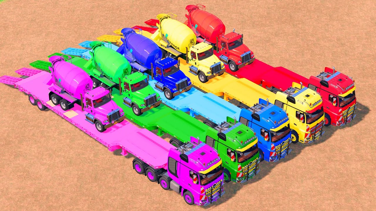 Trucks With COLORS – VOLVO MIXER TRUCK and FORD MIXER TRUCK With FLATBED TRAILER TRUCK – FS22