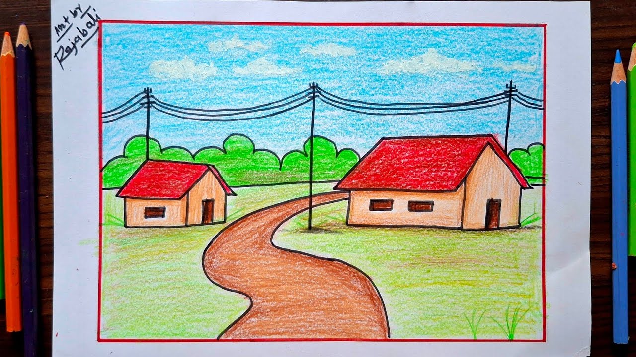 Very easy village Scenery Drawing||Koushole Drisso aka shikhun||easy village house drawing 