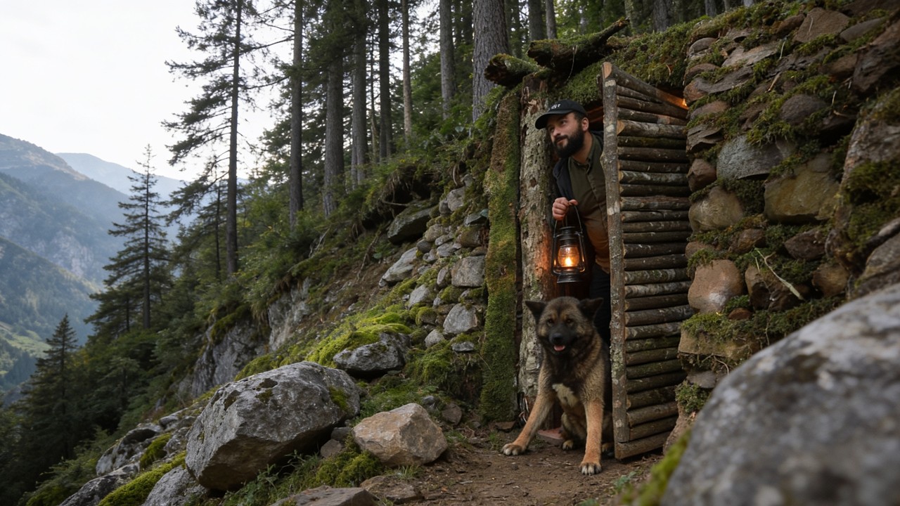 Building a Secret Stone Dugout in the Mountains. Bushcraft, Survival Shelter
