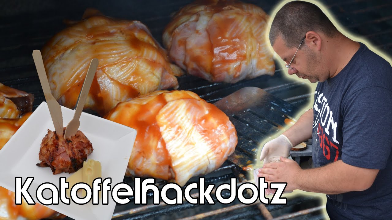 Heute gibt es Katoffelhackdotz vom Grill (Frikadelle mit Kartoffelpü und Bacon gefüllt mit Käse)