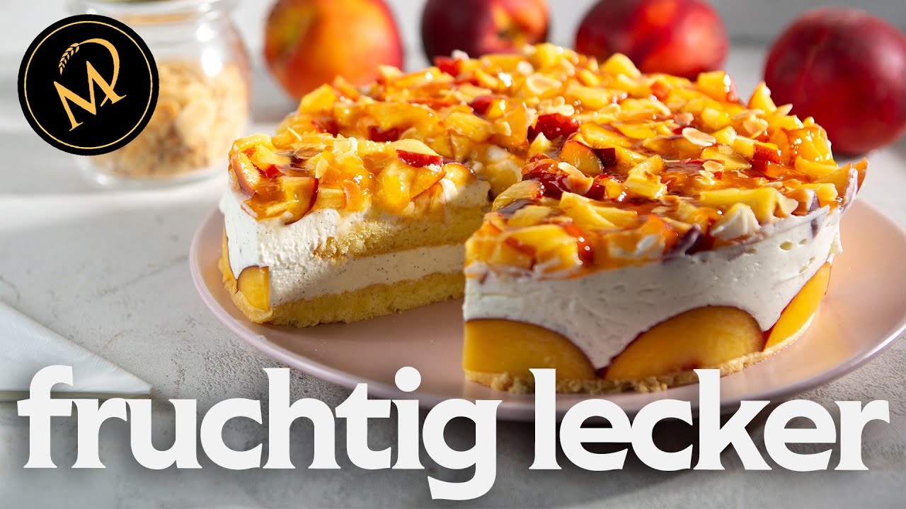 Einfache Pfirsich Sahne Quarktorte mit schnellem L&ouml;ffelbiskuit Boden 🍑