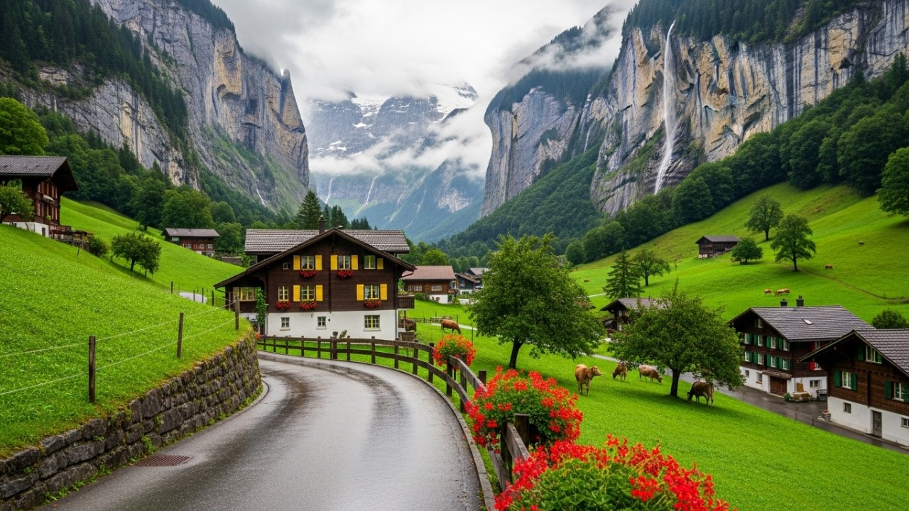 Peaceful Life in Switzerland Countryside: Relaxing Walk RAIN in Beautiful Switzerland Villages
