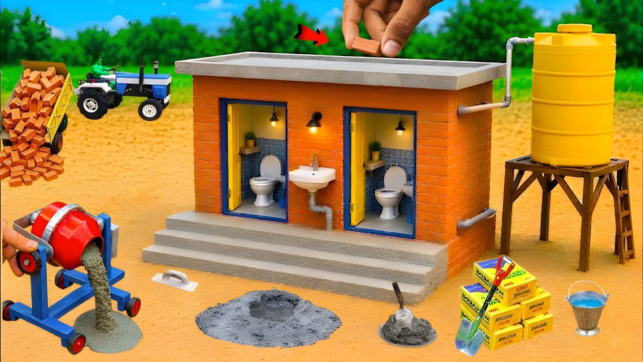 Mini Brick Toilet & Bathroom with Septic Tank & Full Water Supply | Mini Tractor Construction