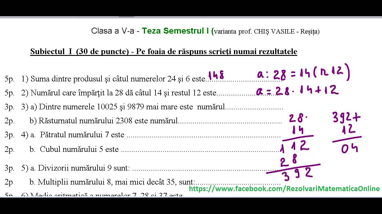 Clasa a V-a - Teza matematica - Semestrul I - model 1- partea I