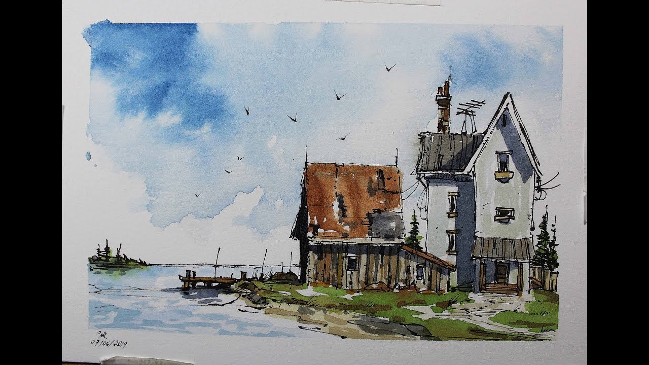 Line and wash coast scene,watercolor tutorial in Real time,for beginners.Nil Rocha