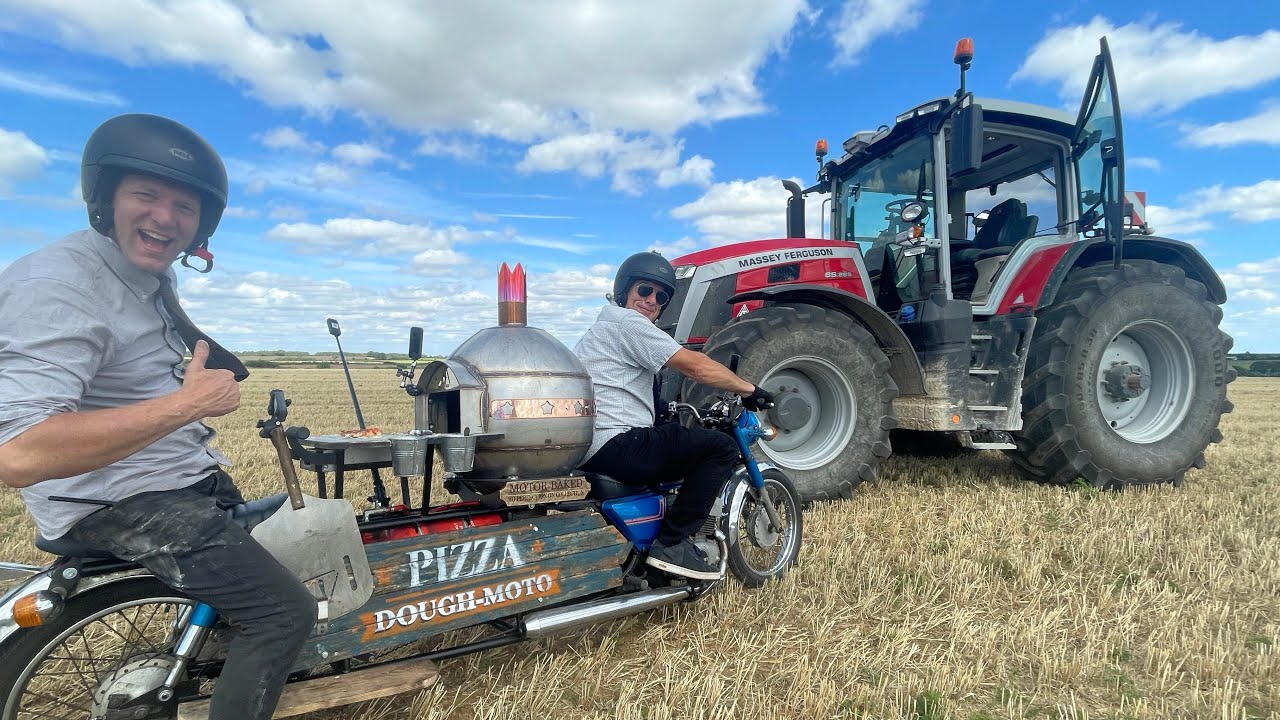 Mobile pizza oven takeaway delivered to a farmer in a field. (Behind the scenes)