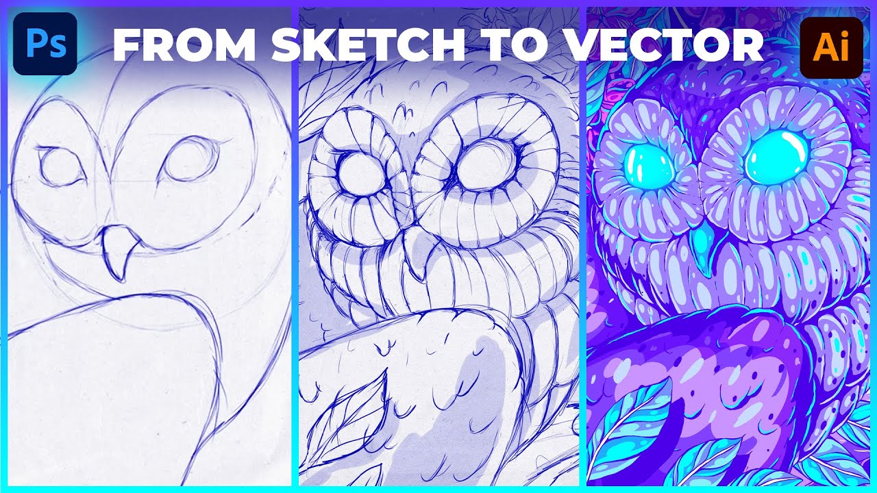 Drawing an Owl in a Shiny Night Landscape - Sketching on Photoshop CC - Vectoring on Illustrator CC